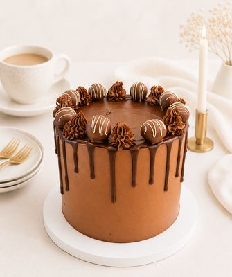 Chocolate Truffle & Drip Birthday Cake Chocolate birthday cake with dark chocolate drip, truffles and Swiss meringue buttercream