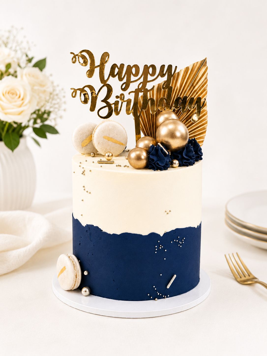 Navy and gold birthday cake with macarons and gold decorations