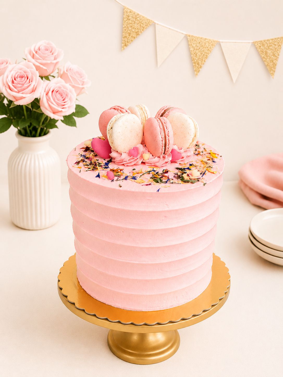 Comb finish birthday cake with textured Swiss meringue buttercream and macarons