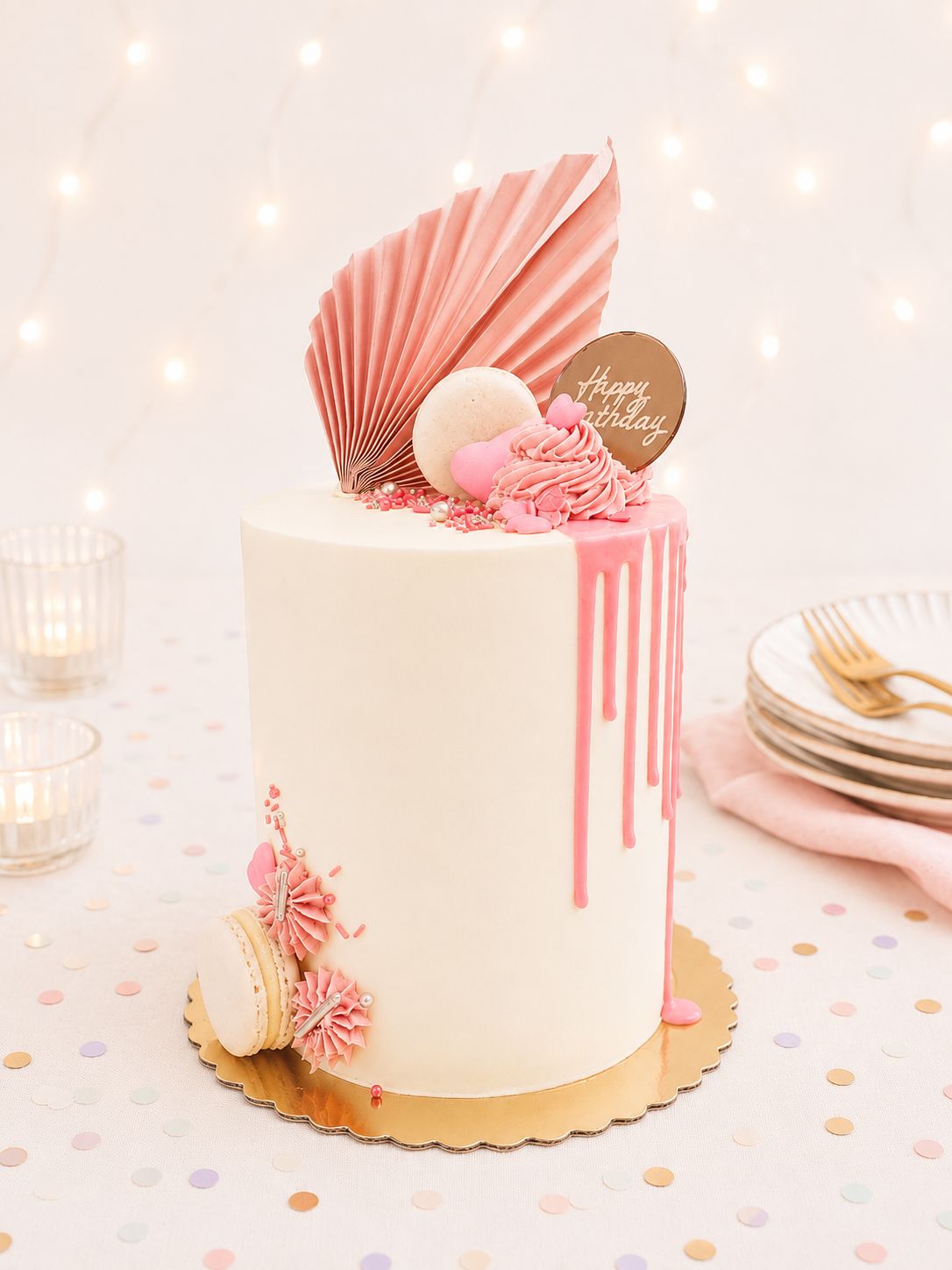 Blush pink drip birthday cake with macarons and Swiss meringue buttercream
