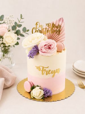Pink floral christening cake decorated with fresh flowers and almond macarons
