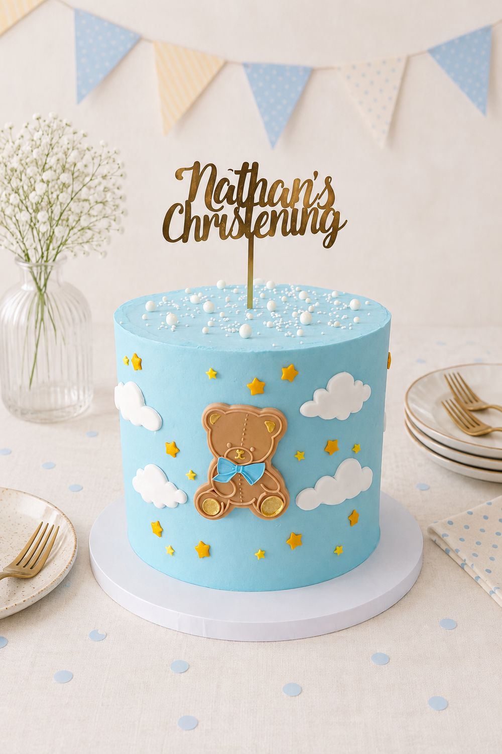 Teddy birthday cake with handmade sugar teddy and Swiss meringue buttercream