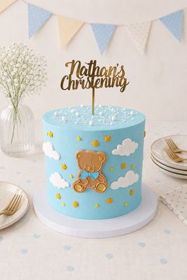 Teddy birthday cake with handmade sugar teddy and Swiss meringue buttercream