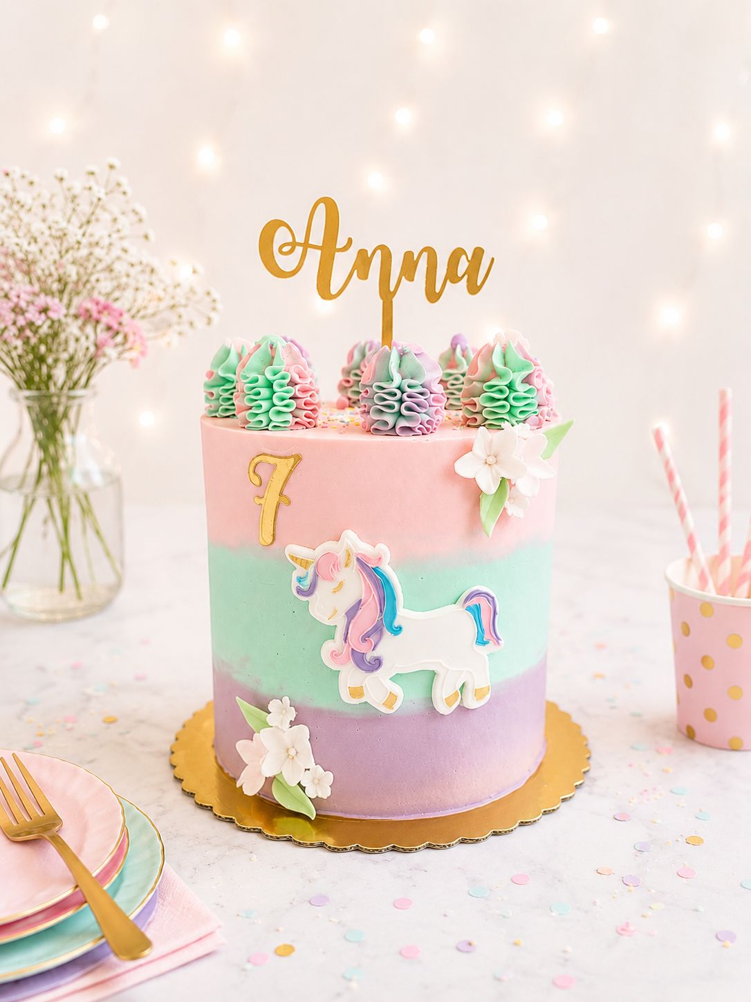 Unicorn birthday cake with handmade sugar decorations and Swiss meringue buttercream