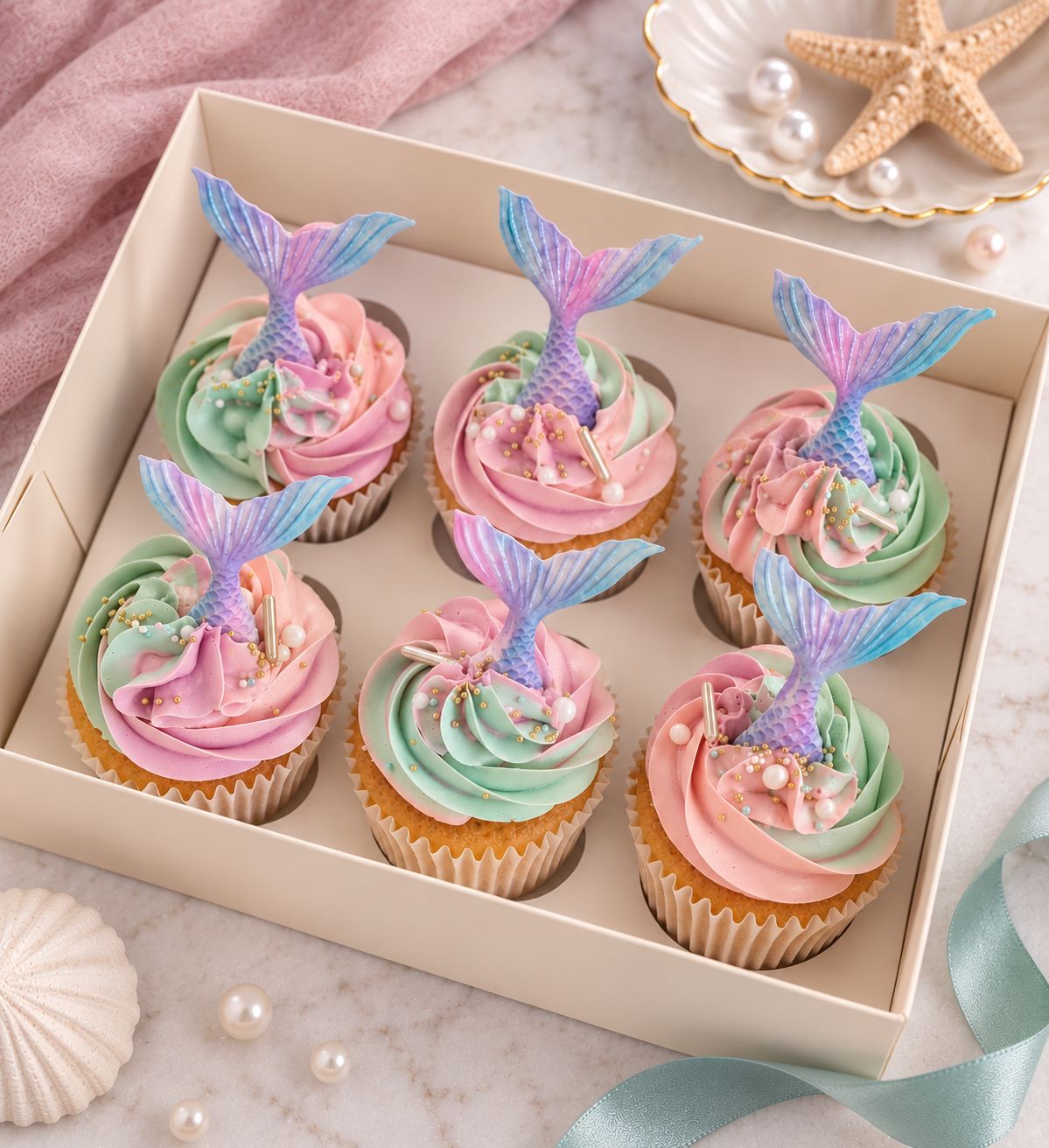 Mermaid cupcakes with ocean-themed Swiss meringue buttercream decorations