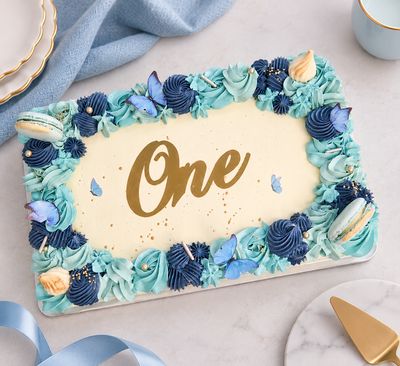 Blue Butterfly Sheet Cake Light blue butterfly sheet cake with Swiss meringue buttercream and personalised message.