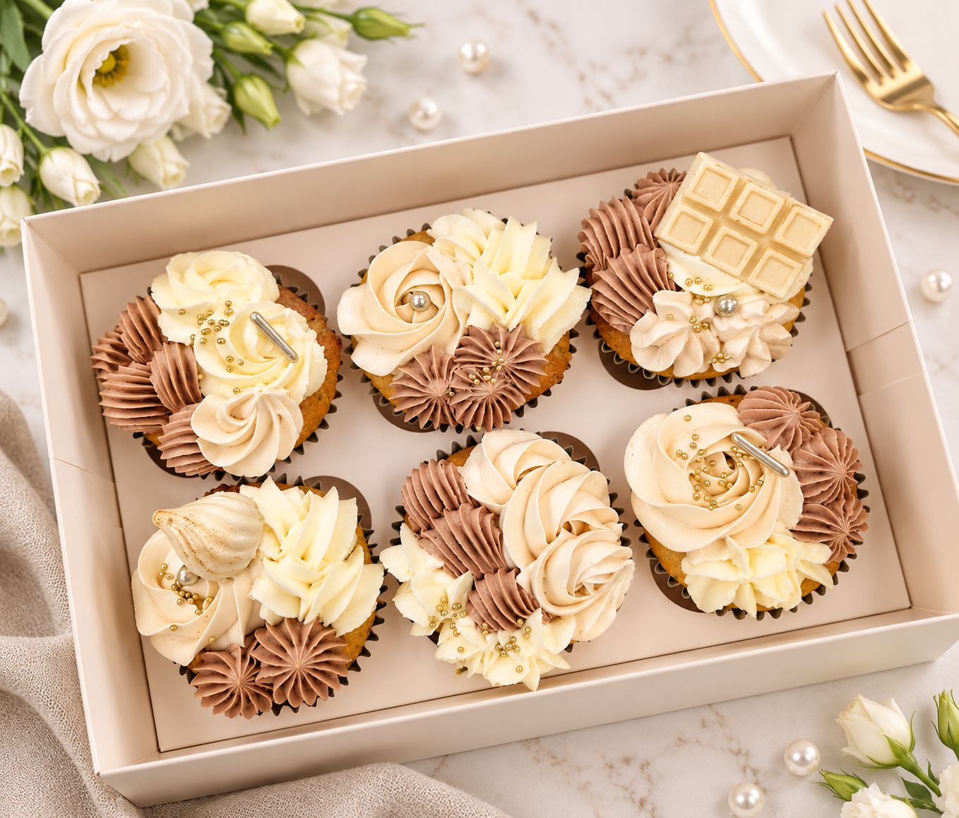 Beige and Gold Designer Cupcakes