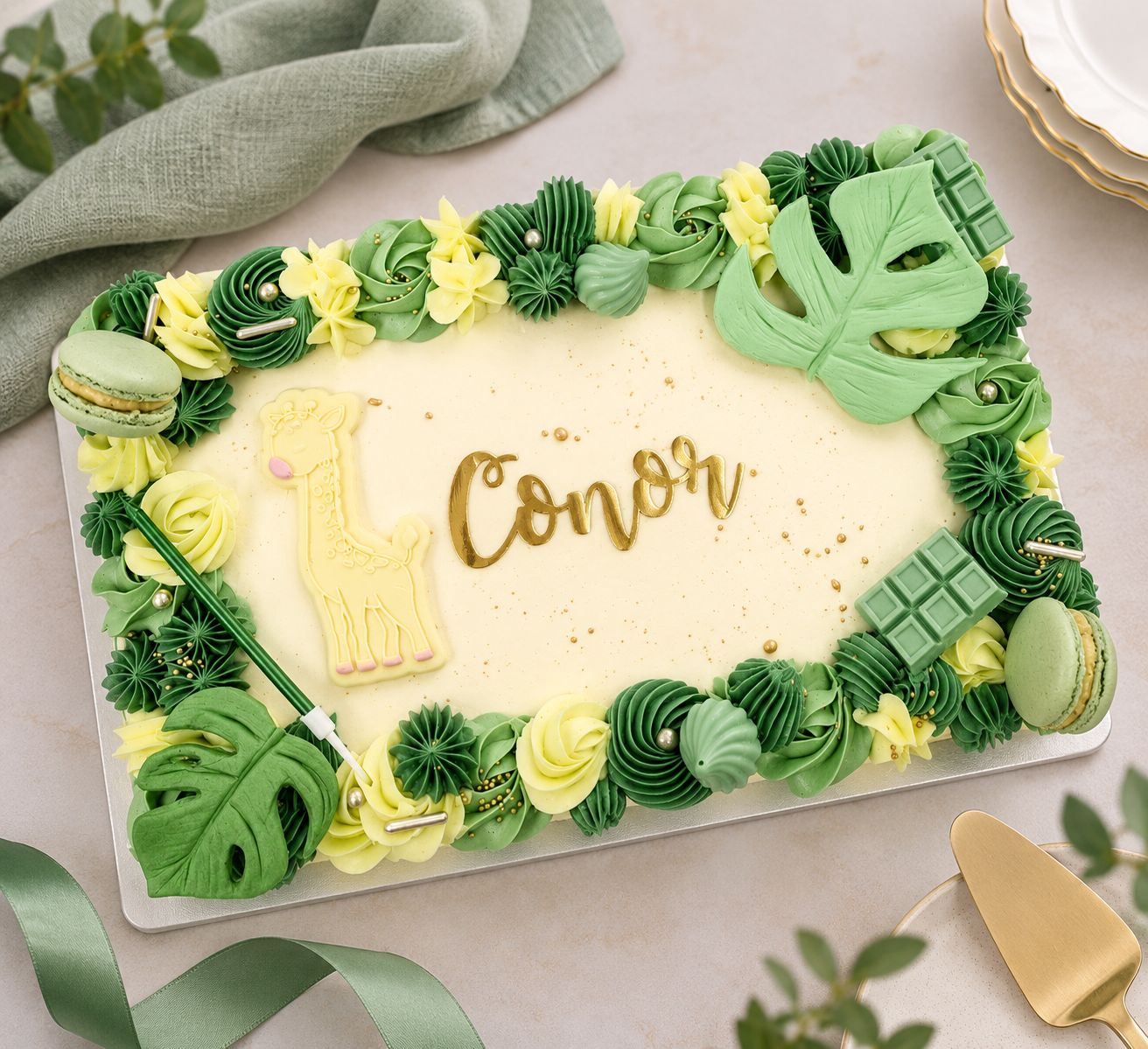 Decorated celebration sheet cake with Swiss meringue buttercream and personalised message