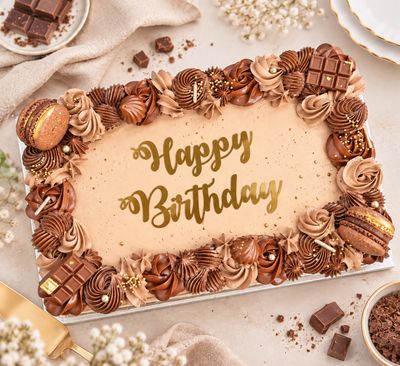 Chocolate and gold sheet cake with chocolate macarons and handmade chocolate bars