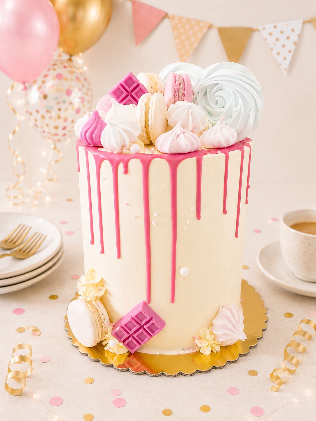 Loaded drip birthday cake decorated with sweets and chocolates