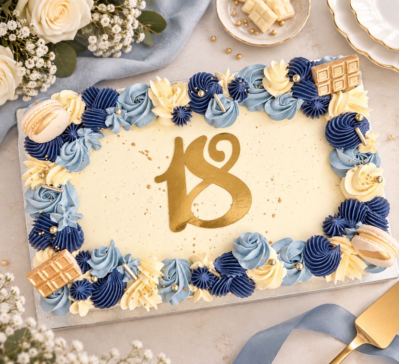 Navy, light blue and cream sheet cake with gold details, macarons and chocolate decorations