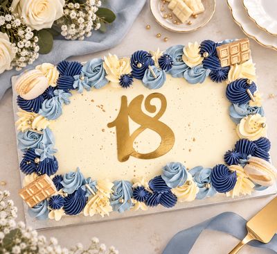 Navy, light blue and cream sheet cake with gold details, macarons and chocolate decorations