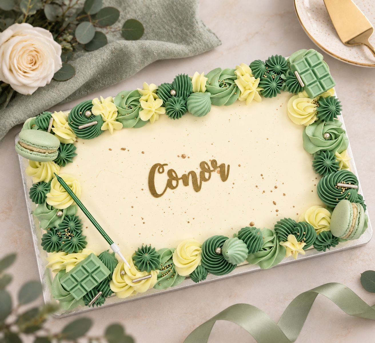 Sage green sheet cake with Swiss meringue buttercream, macarons and chocolate decorations