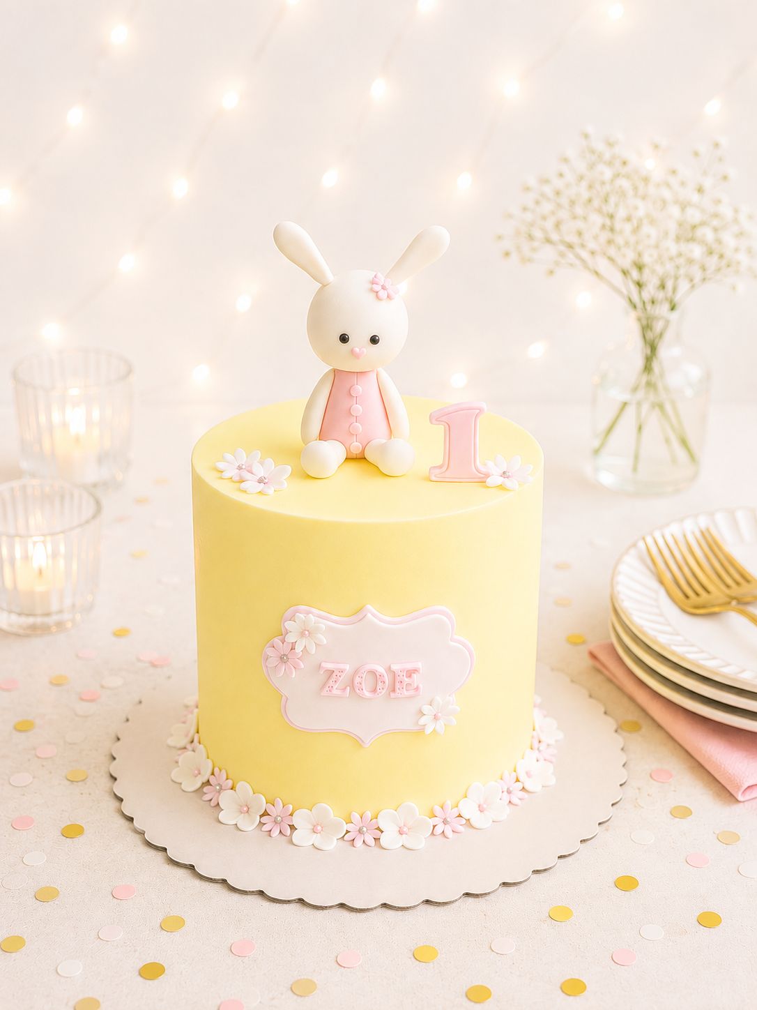 Bunny celebration cake with handmade 3D sugar bunny and sugarcraft decorations