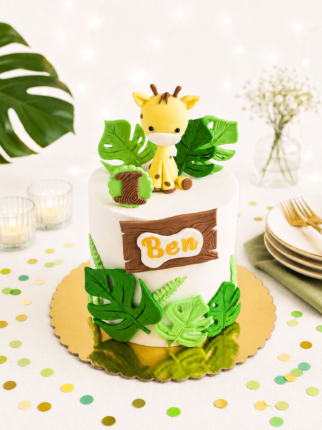 Jungle birthday cake with handmade 3D sugar animal and sugarcraft decorations