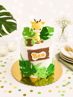 Jungle birthday cake with handmade 3D sugar animal and sugarcraft decorations