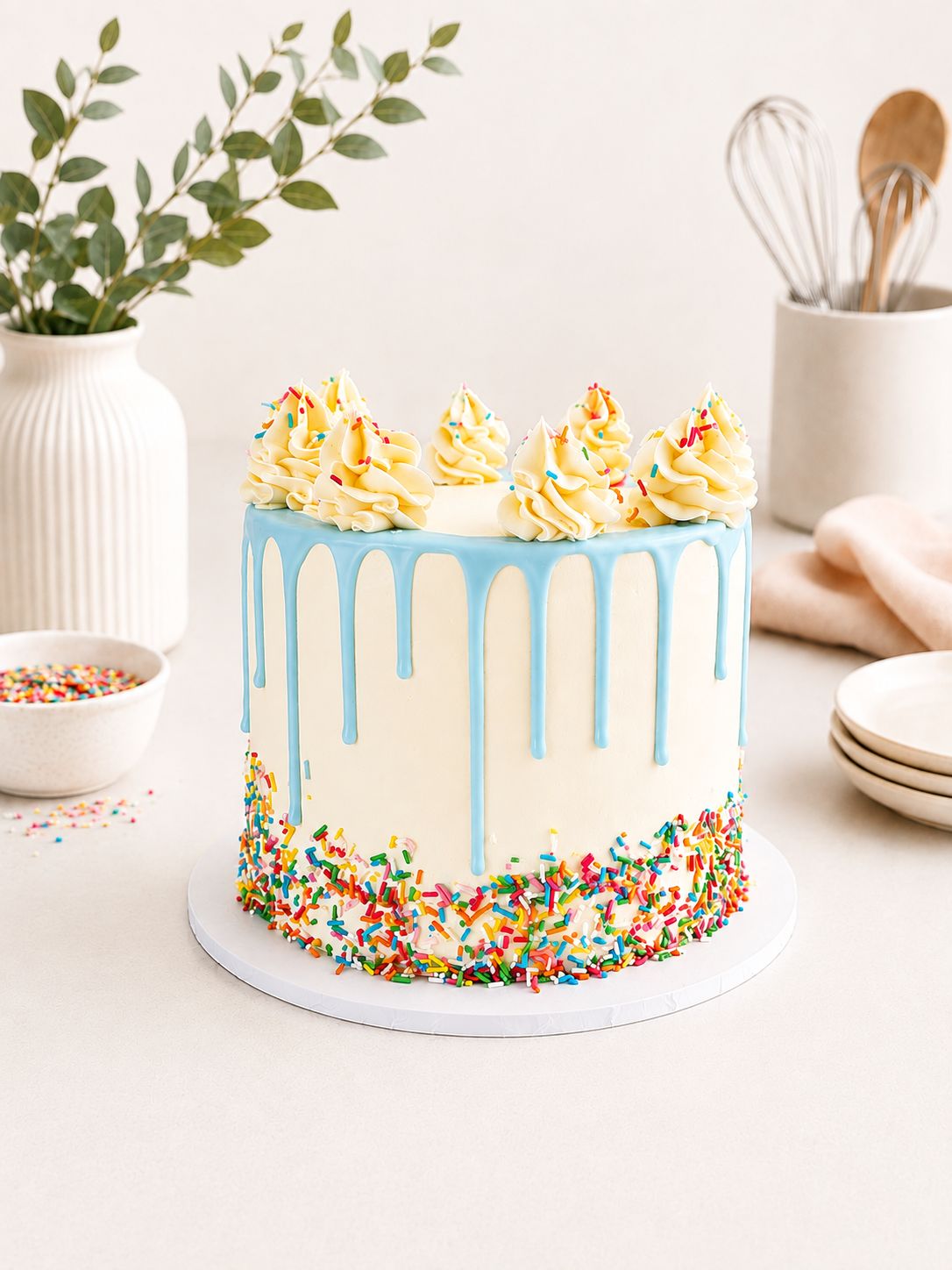 Sprinkles & Drip Birthday Cake Colourful sprinkle birthday cake with blue drip and Swiss meringue buttercream swirls