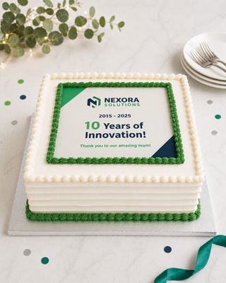 Square corporate logo cake with personalised edible print and colour-matched piping
