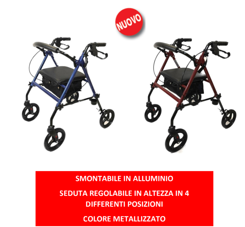 ROLLATOR PIEGHEVOLE  SMONTABILE CON 4 RUOTE  E SEDUTA REGOLABILE IN ALTEZZA IN 4 DIFFERENTI POSIZIONI