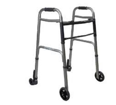 DEAMBULATORE FISSO PIEGHEVOLE CON DUE RUOTE GRANDI FISSE E DUE RUOTE CON SISTEMA DI BLOCCAGGIO