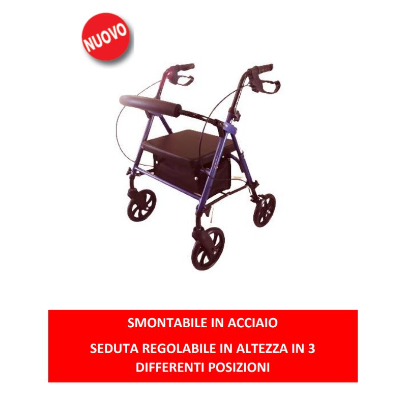 ROLLATOR PIEGHEVOLE  SMONTABILE CON 4 RUOTE E SEDUTA REGOLABILE IN ALTEZZA IN 3 DIFFERENTI POSIZIONI