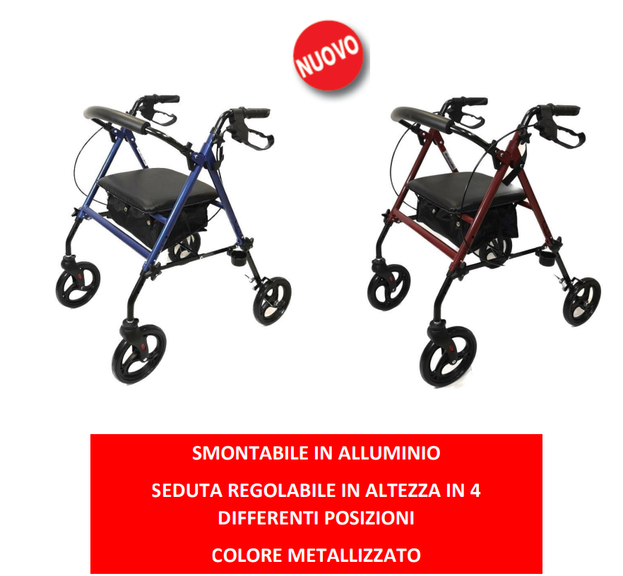 ROLLATOR PIEGHEVOLE  SMONTABILE CON 4 RUOTE  E SEDUTA REGOLABILE IN ALTEZZA IN 4 DIFFERENTI POSIZIONI