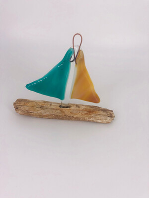 Fused glass and driftwood boat