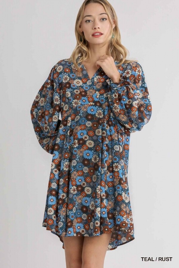 Fall Floral Puff Sleeve Dress - 2X to Small!!