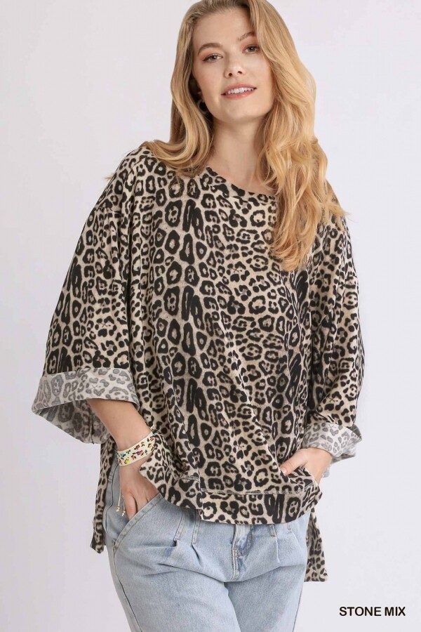 Stone Leopard 3/4 Sleeve Top UMGEE  2X to S!  SOFT!!!!