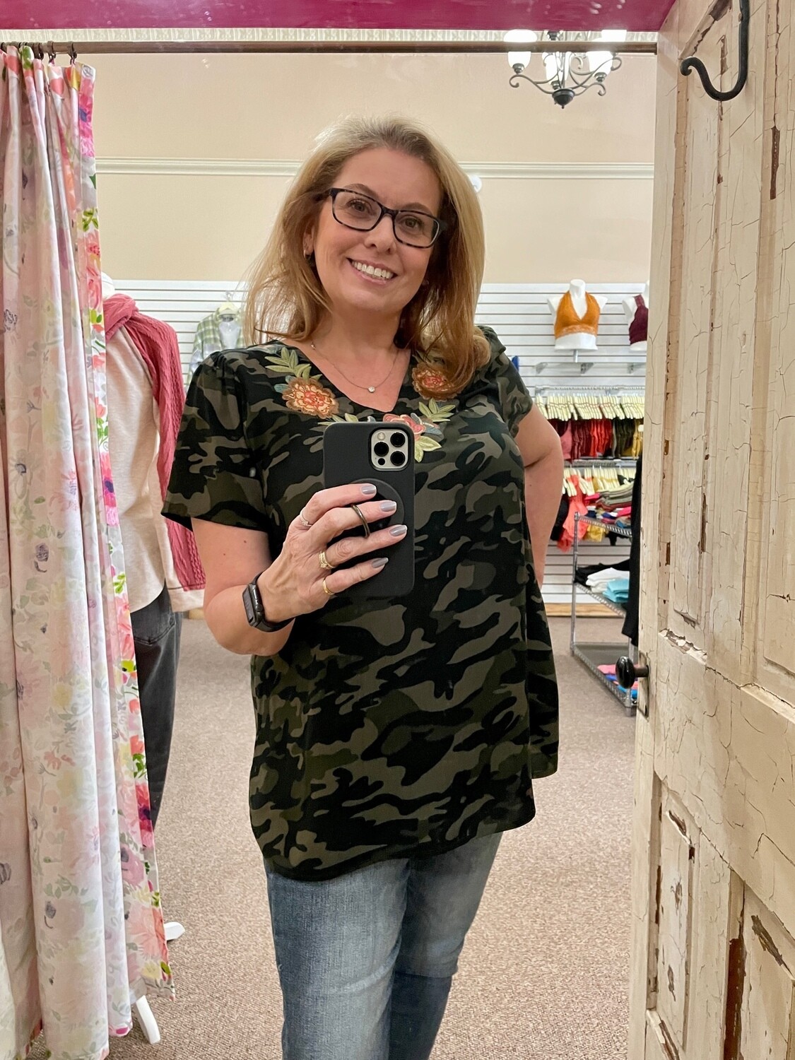 Olivia Camo Top w/Embroidery Detail  3X to S!!