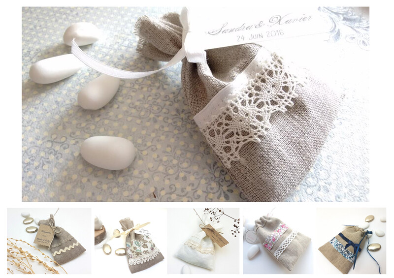 Sac Dragées lin, pour mariage, baptême, communion, à l'unité