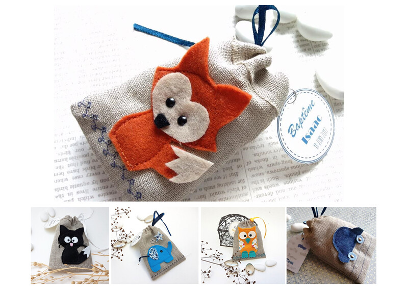 Sac Dragées lin et feutrine , chouette, éléphant, renard, moulin , voiture, voilier pour  baptême ou communion, à l'unité