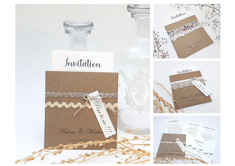 Faire part Pochette Kraft et dentelle