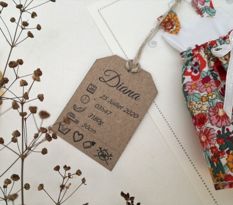 Lot de 10 étiquettes kraft imprimées, personnalisables avec ficelle de lin, pour robe dragées ou salopette dragées, pour  baptême, communion