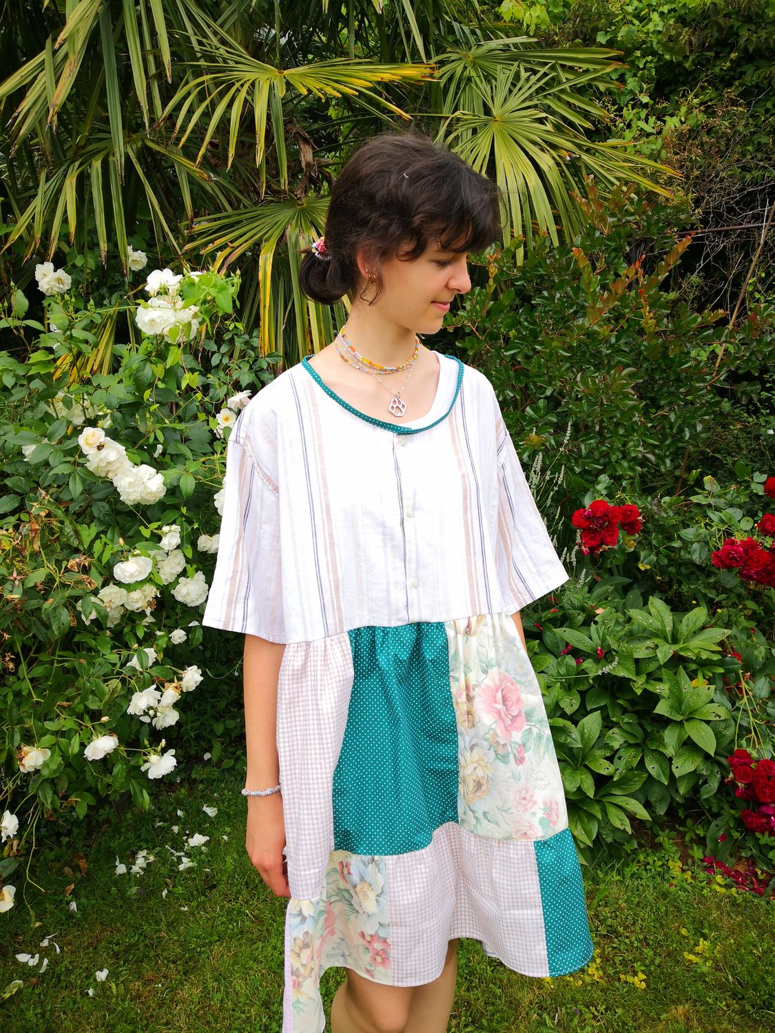 Robe de plage patchwork beige et vert émeraude taille unique