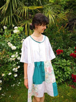 Robe de plage patchwork beige et vert émeraude taille unique