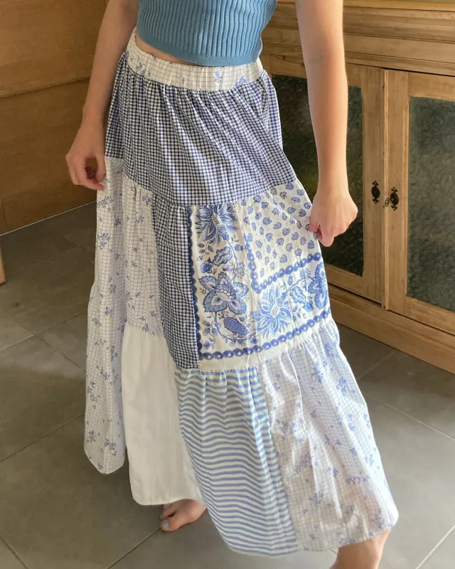 Jupe longue patchwork bleu et blanc