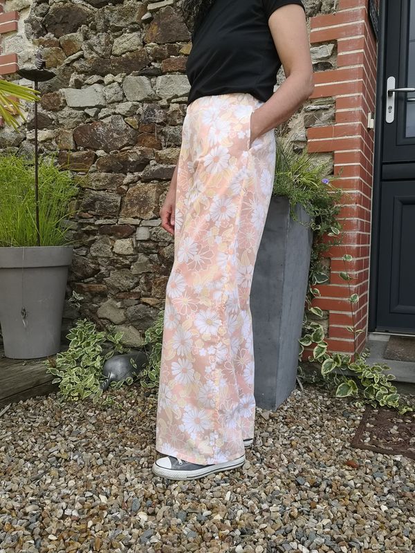 Pantalon large fleurs oranges vintage T42