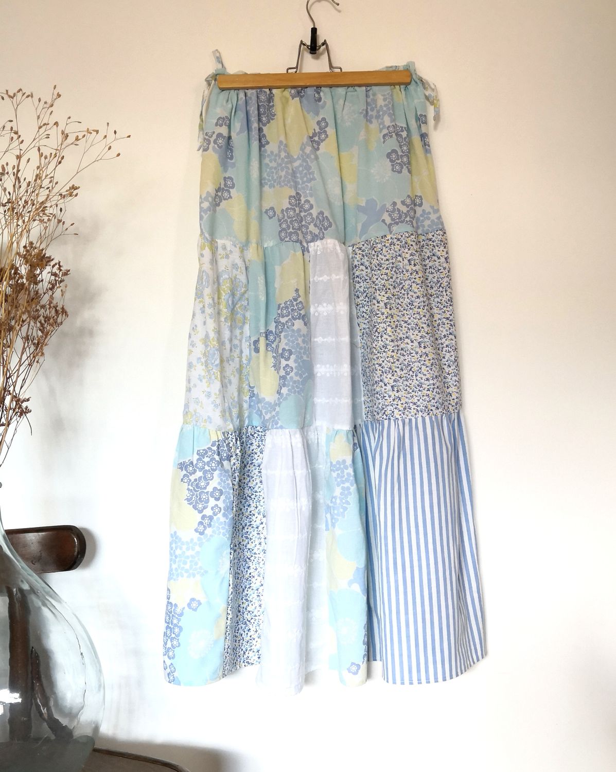 Jupe longue patchwork bleu et blanc, t36/38