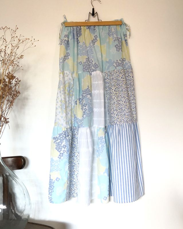 Jupe longue patchwork bleu et blanc, t36/38