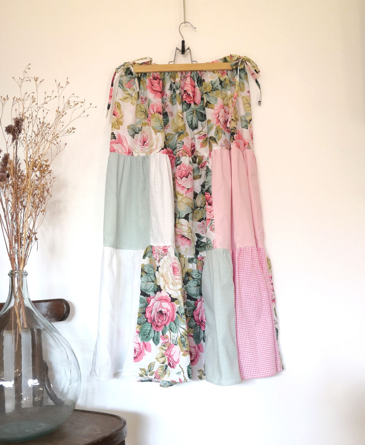 Jupe longue patchwork rose et vert sauge, t44/46
