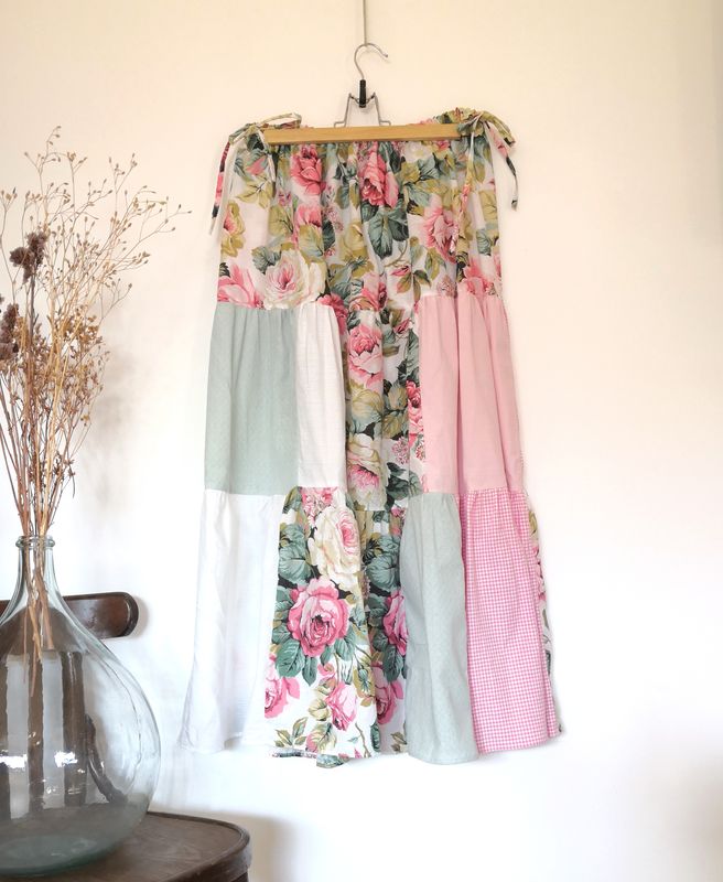 Jupe longue patchwork rose et vert sauge, t44/46