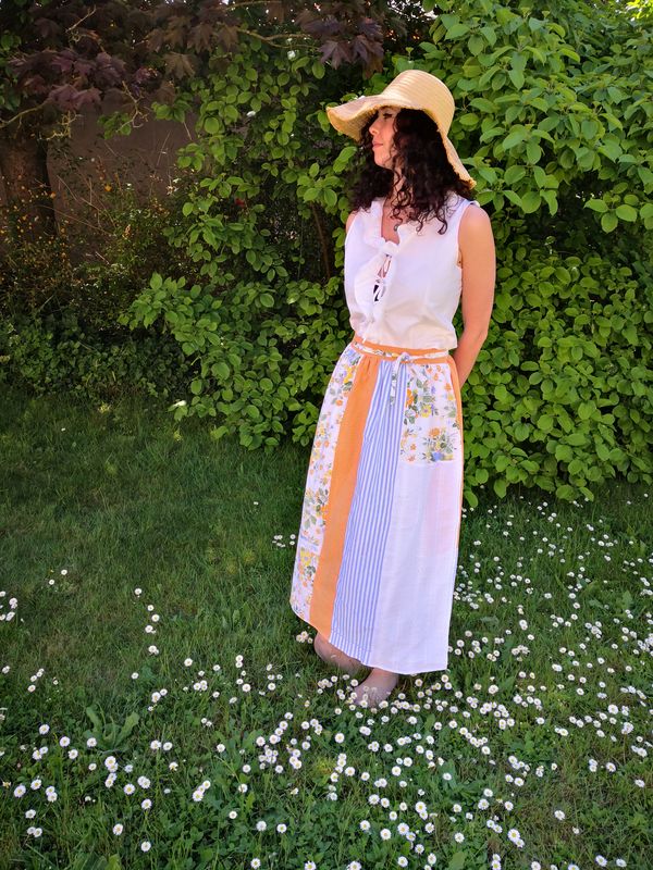 Jupe portefeuille patchwork orange et bleu, t34/40
