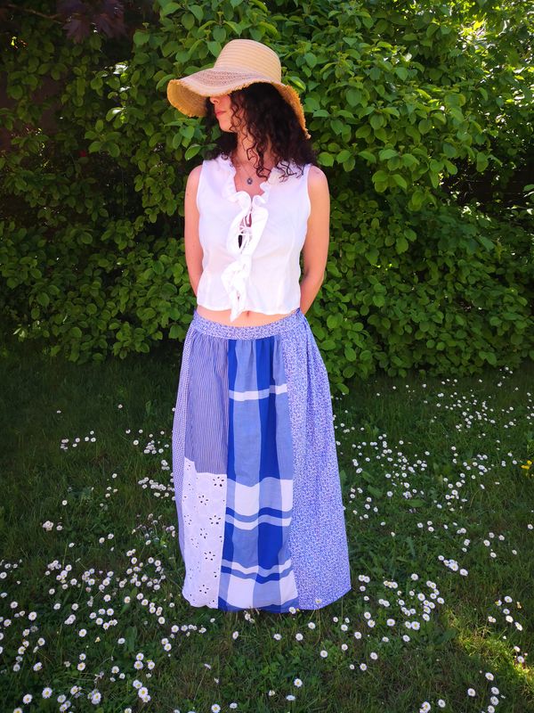 Jupe longue patchwork bleu et blanc, t38/42
