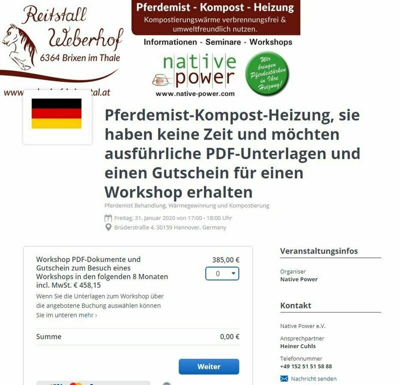 Gutschein zum Workshop Mist-Volumen-Reduzierung, Kompost, sowie Kompost & Wärme. Pferdemist-Kompost-Heizung, € 458,00