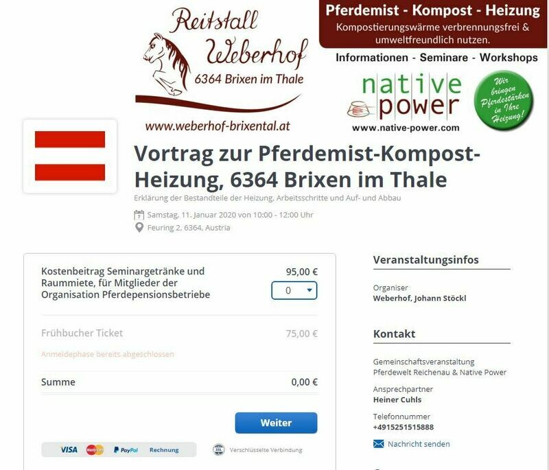 Gutschein zum Vortrag Mist-Volumen-Reduzierung, Kompost, sowie Kompost & Wärme. Pferdemist-Kompost-Heizung, Sonderpreis € 75,00 statt € 95,00 Gutschein zum Vortrag Mist-Volumen-Reduzierung, Kompost, sowie Kompost & Wärme. Pferdemist-Kompost-Heizung, Sonderpreis € 75,00 statt € 95,00