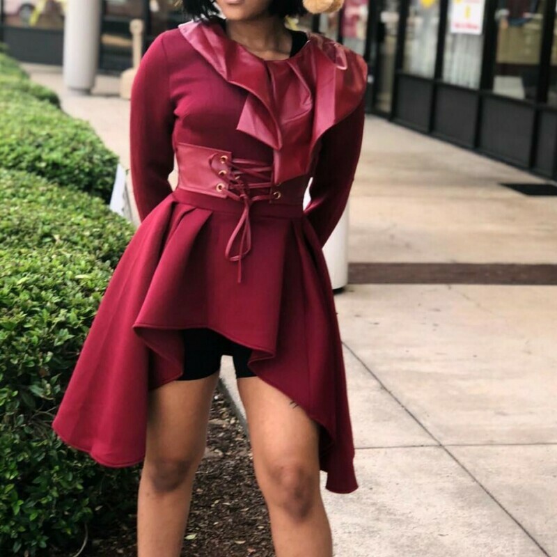 Red Ruffle Belted Coat