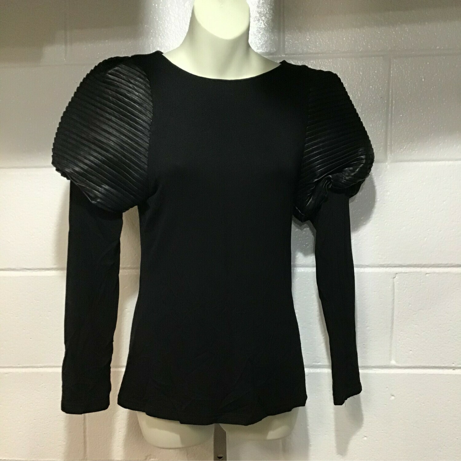 Black knit top with leather top sleeve