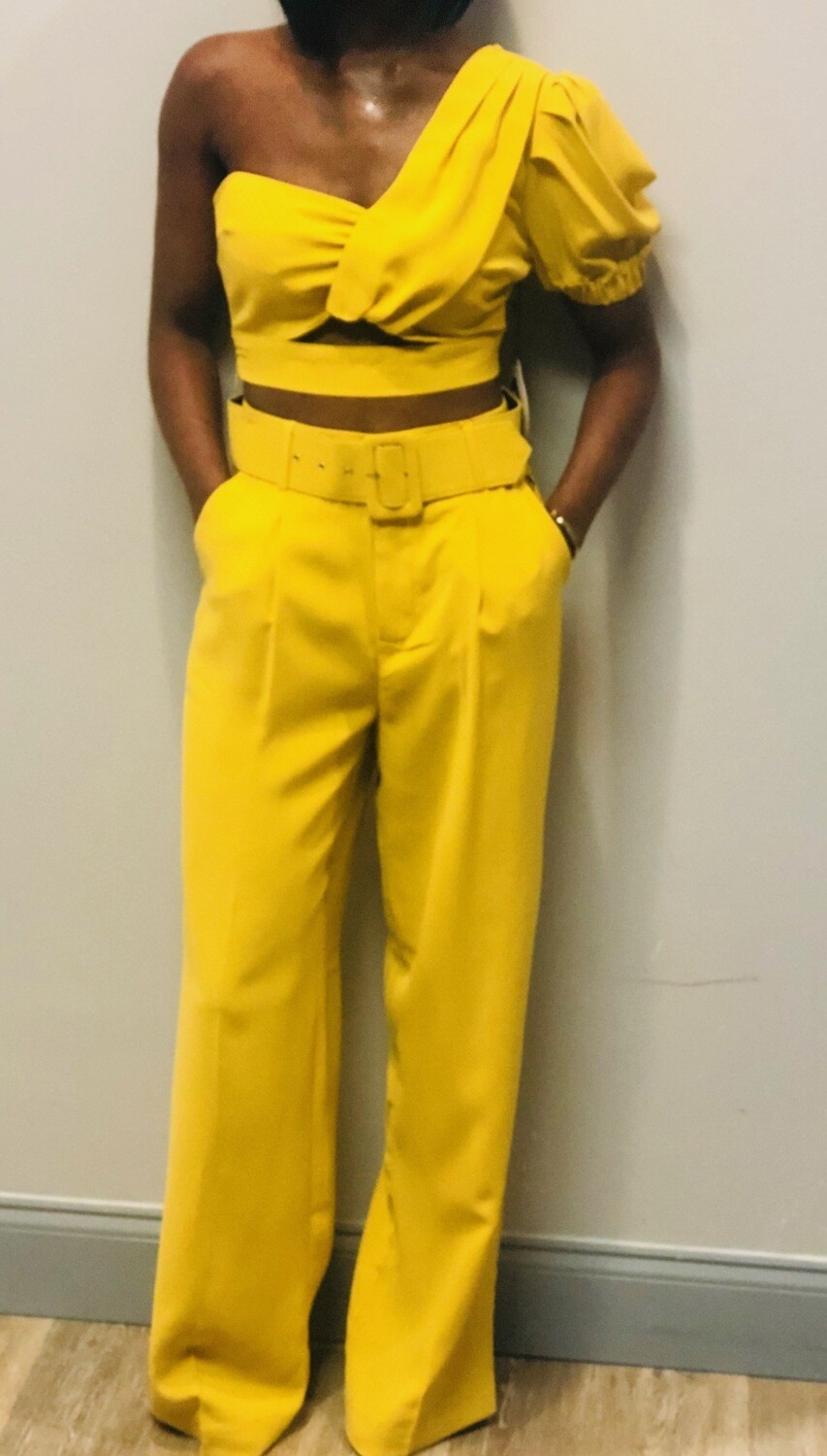 crop top off the shoulder Mustard Pant Set