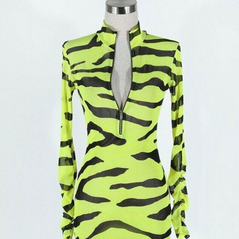 Neon Green Zebra Print Mesh Dress